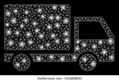 Bright mesh delivery lorry with glare effect. Abstract illuminated model of delivery lorry icon. Shiny wire frame triangular mesh delivery lorry abstraction in vector format on a black background.