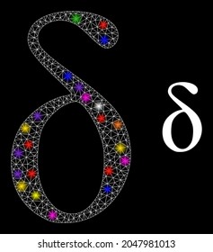 Bright mesh Delta Greek lowercase letter glare icon with light spots. Illuminated vector model based on Delta Greek lowercase letter picture.