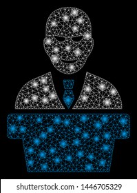 Bright mesh demagogue with lightspot effect. Abstract illuminated model of demagogue icon. Shiny wire frame triangular mesh demagogue abstraction in vector format on a black background.