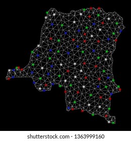 Bright mesh Democratic Republic of the Congo map with glow effect. Wire frame triangular network in vector format on a black background. Abstract 2d mesh designed with triangular lines, round dots,