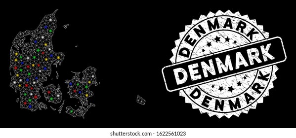 Bright mesh Denmark map with lightspot effect, and rubber print. Wire carcass polygonal Denmark map network in vector format on a black background. White round rubber seal with grunged textures.