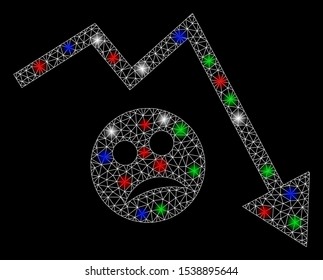 Bright mesh depression trend arrow with glare effect. White wire frame triangular network in vector format on a black background. Abstract 2d mesh designed with polygonal grid, small circle,