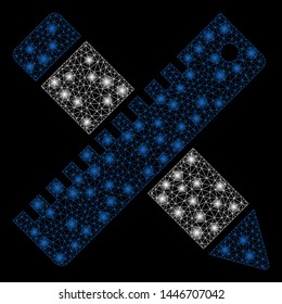 Bright mesh design tools with glare effect. Abstract illuminated model of design tools icon. Shiny wire frame triangular mesh design tools abstraction in vector format on a black background.
