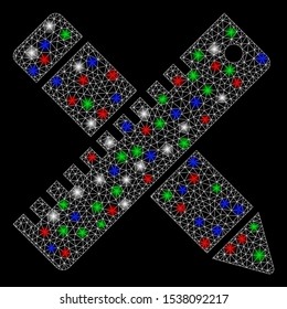 Bright mesh design tools with glare effect. White wire carcass triangular mesh in vector format on a black background. Abstract 2d mesh created from polygonal grid, round dots, colored glare spots.