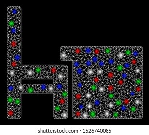 Bright mesh desk with glare effect. White wire carcass polygonal mesh in vector format on a black background. Abstract 2d mesh designed with polygonal grid, points, colorful flash spots.