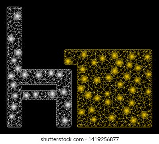 Bright mesh desk with lightspot effect. Abstract illuminated model of desk icon. Shiny wire frame polygonal mesh desk abstraction in vector format on a black background.