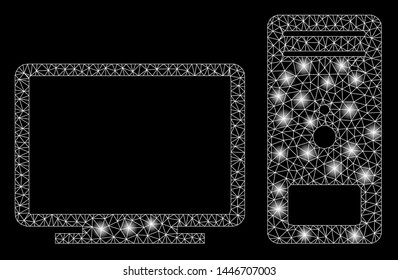 Bright mesh desktop computer with glare effect. Abstract illuminated model of desktop computer icon.