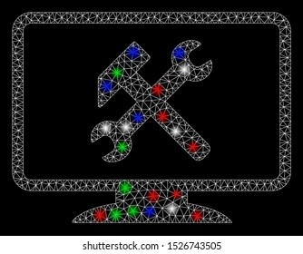 Bright mesh desktop settings with glare effect. White wire carcass polygonal network in vector format on a black background. Abstract 2d mesh designed with polygonal grid, points, colored flare spots.