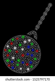 Bright mesh destruction hammer with glare effect. White wire carcass triangular mesh in vector format on a black background. Abstract 2d mesh designed with triangles, points, colorful flare spots.
