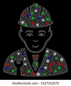 Bright mesh developer with glow effect. White wire frame polygonal mesh in vector format on a black background. Abstract 2d mesh designed with polygonal grid, small circle, colored light spots.