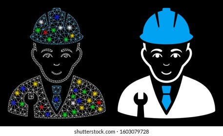 Bright mesh developer icon with lightspot effect. Abstract illuminated model of developer. Shiny wire carcass triangular mesh developer icon. Vector abstraction on a black background.