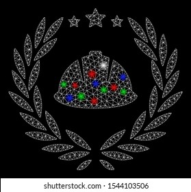 Bright mesh developer laureal wreath with lightspot effect. White wire frame triangular mesh in vector format on a black background. Abstract 2d mesh designed with triangular lines, small circle,