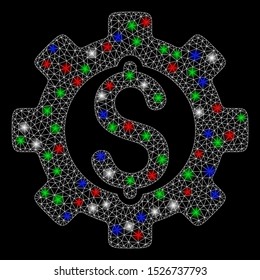 Bright mesh development cost with glow effect. White wire frame polygonal mesh in vector format on a black background. Abstract 2d mesh designed with polygonal grid, dots, colorful light spots.