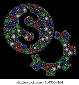 Bright mesh development cost with lightspot effect. White wire frame polygonal mesh in vector format on a black background. Abstract 2d mesh designed with polygonal grid, small circle,