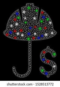 Bright mesh development financial coverage with glare effect. White wire carcass polygonal mesh in vector format on a black background. Abstract 2d mesh designed with polygonal grid, dots,