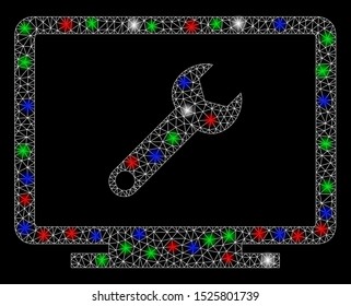 Bright mesh development with glow effect. White wire carcass triangular mesh in vector format on a black background. Abstract 2d mesh built from triangular lines, dots, colored glare spots.