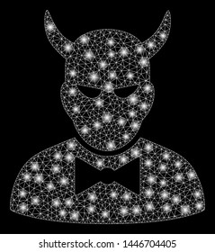 Bright mesh devil with glare effect. Abstract illuminated model of devil icon. Shiny wire frame triangular mesh devil abstraction in vector format on a black background.