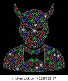 Bright mesh devil with lightspot effect. White wire frame polygonal mesh in vector format on a black background. Abstract 2d mesh designed with polygonal grid, round dots, colored flare spots.