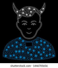 Bright mesh devil priest with glare effect. Abstract illuminated model of devil priest icon. Shiny wire carcass polygonal network devil priest abstraction in vector format on a black background.