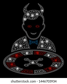 Bright mesh devil roulette dealer with glare effect. Abstract illuminated model of devil roulette dealer icon.