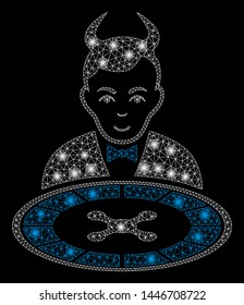 Bright mesh devil roulette dealer with glare effect. Abstract illuminated model of devil roulette dealer icon.
