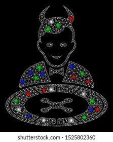 Bright mesh devil roulette dealer with glow effect. White wire carcass triangular network in vector format on a black background. Abstract 2d mesh designed with triangular lines, round dots,