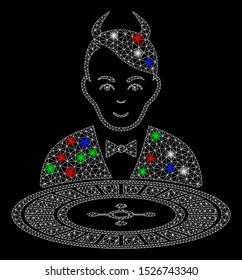 Bright mesh devil roulette dealer with glare effect. White wire frame triangular mesh in vector format on a black background. Abstract 2d mesh designed with polygonal grid, points,
