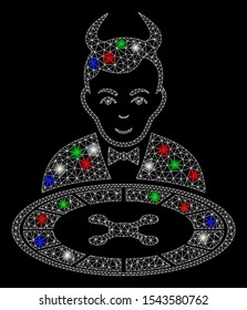 Bright mesh devil roulette dealer with glare effect. White wire frame triangular mesh in vector format on a black background. Abstract 2d mesh designed with polygonal grid, small circle,