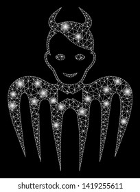 Bright mesh devil spectre with lightspot effect. Abstract illuminated model of devil spectre icon. Shiny wire frame triangular mesh devil spectre abstraction in vector format on a black background.