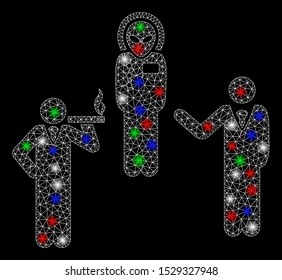 Bright mesh dialog with alien with lightspot effect. White wire frame triangular mesh in vector format on a black background. Abstract 2d mesh designed with triangular lines, round dots,