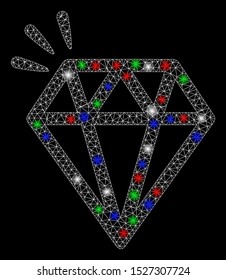 Bright mesh diamond crystal with glare effect. White wire carcass triangular network in vector format on a black background. Abstract 2d mesh designed with triangular lines, points,