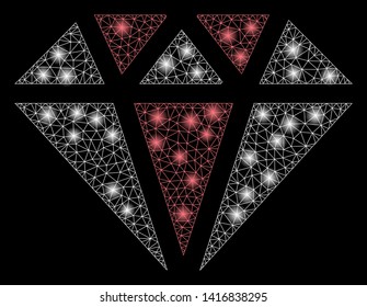 Bright mesh diamond with glare effect. Abstract illuminated model of diamond icon. Shiny wire frame polygonal mesh diamond abstraction in vector format on a black background.