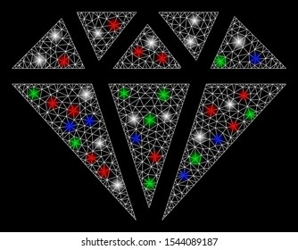 Bright mesh diamond with glare effect. White wire frame polygonal mesh in vector format on a black background. Abstract 2d mesh designed with polygonal grid, small circle, colorful flare spots.