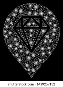 Bright mesh diamond map marker with glare effect. Abstract illuminated model of diamond map marker icon.