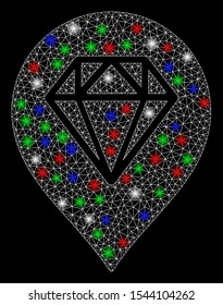 Bright mesh diamond map marker with glare effect. White wire frame triangular mesh in vector format on a black background. Abstract 2d mesh built from triangular lines, spheric points,