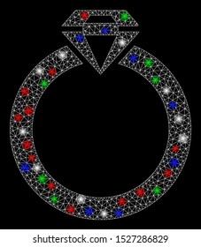 Bright mesh diamond ring with glare effect. White wire carcass triangular mesh in vector format on a black background. Abstract 2d mesh designed with polygonal grid, round dots, colored glare spots.