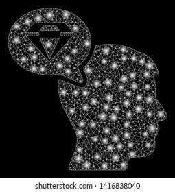 Bright mesh diamond thinking with lightspot effect. Abstract illuminated model of diamond thinking icon.
