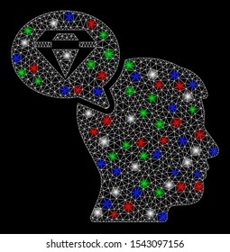 Bright mesh diamond thinking with lightspot effect. White wire frame triangular mesh in vector format on a black background. Abstract 2d mesh designed with triangular lines, spheric points,