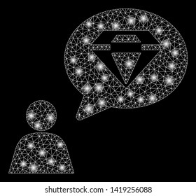 Bright mesh diamond thinking person with glow effect. Abstract illuminated model of diamond thinking person icon.