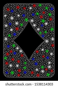 Bright mesh diamonds gambling card with glare effect. White wire frame polygonal mesh in vector format on a black background. Abstract 2d mesh designed with polygonal grid, points,