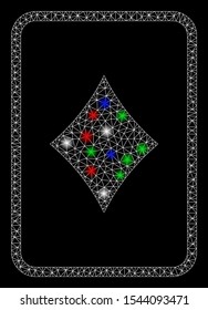Bright mesh diamonds gambling card with lightspot effect. White wire frame triangular mesh in vector format on a black background. Abstract 2d mesh designed with triangular lines, dots,