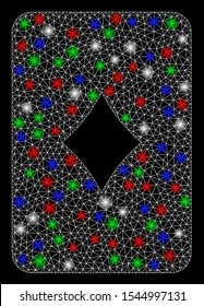 Bright mesh diamonds playing card with glow effect. White wire frame polygonal mesh in vector format on a black background. Abstract 2d mesh designed with polygonal grid, small circle,