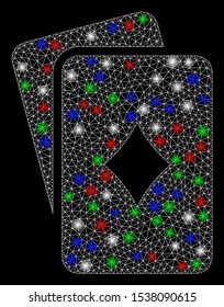 Bright mesh diamonds playing cards with glow effect. White wire carcass triangular mesh in vector format on a black background. Abstract 2d mesh designed with triangular lines, small circle,