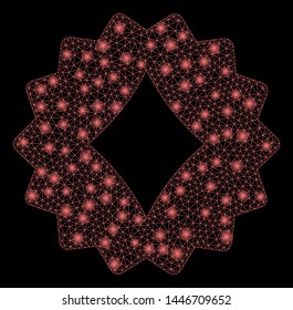 Bright mesh diamonds token with glow effect. Abstract illuminated model of diamonds token icon. Shiny wire frame polygonal mesh diamonds token abstraction in vector format on a black background.