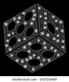 Bright mesh dice with glare effect. Abstract illuminated model of dice icon. Shiny wire carcass polygonal mesh dice abstraction in vector format on a black background.