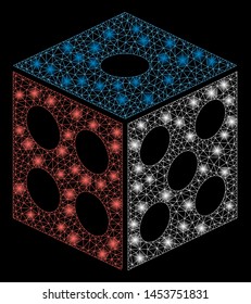 Bright mesh dice with glare effect. Abstract illuminated model of dice icon. Shiny wire carcass triangular mesh dice. Vector abstraction on a black background.