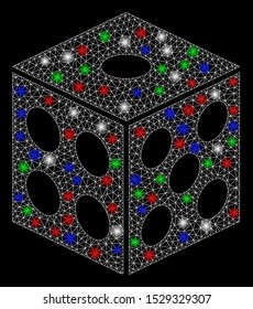 Bright mesh dice with glare effect. White wire carcass triangular mesh in vector format on a black background. Abstract 2d mesh created from triangular lines, dots, colored glare spots.