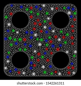 Bright mesh dice with glare effect. White wire frame triangular mesh in vector format on a black background. Abstract 2d mesh designed with polygonal grid, points, colored flash spots.