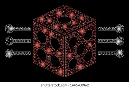 Bright mesh dice links with glare effect. Abstract illuminated model of dice links icon. Shiny wire carcass triangular mesh dice links abstraction in vector format on a black background.