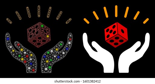 Bright mesh dice win hands icon with glare effect. Abstract illuminated model of dice win hands. Shiny wire frame triangular mesh dice win hands icon. Vector abstraction on a black background.
